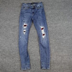 Judy Blue Skinny Jeans Juniors 3/26 Medium Wash Blue Plaid Distressed Denim